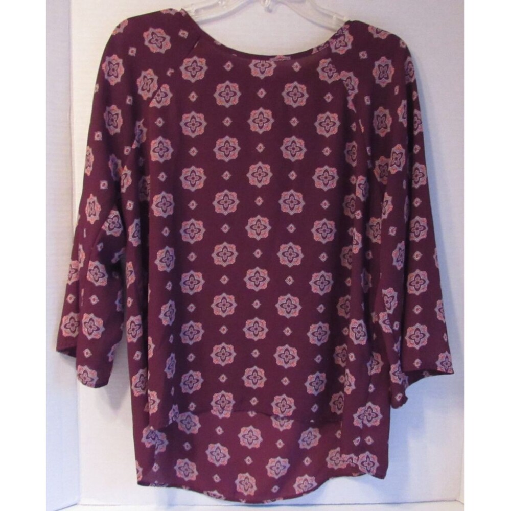 Papermoon 3/4 Sleeve Burgundy Geo Floral Lightweight Back Zip Blouse/Shirt Sz L